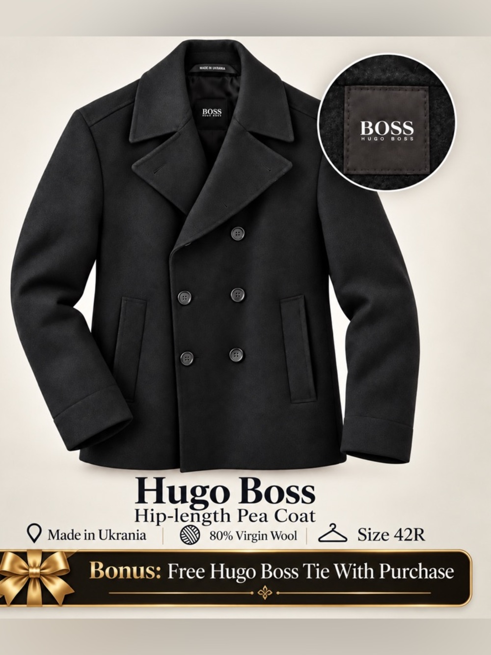 Hugo Boss Men’s Double Breasted Wool Pea Coat 42R